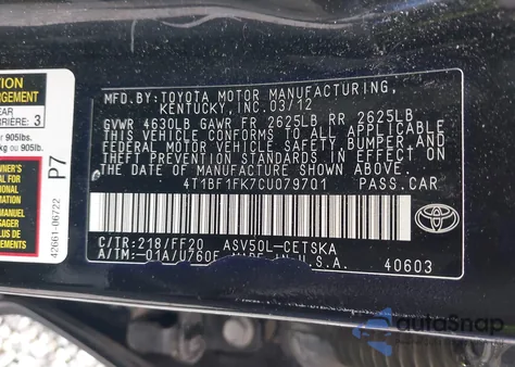 2012 Toyota Camry Se из США, поврежденный, VIN 4T1BF1FK7CU079701